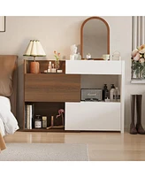 Wooden Retractable shoe cabinet, white and wood grain color, shoe rack with movable shelves