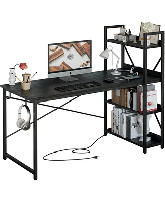 Computer Desk 55" with Power Outlet and Storage Shelves