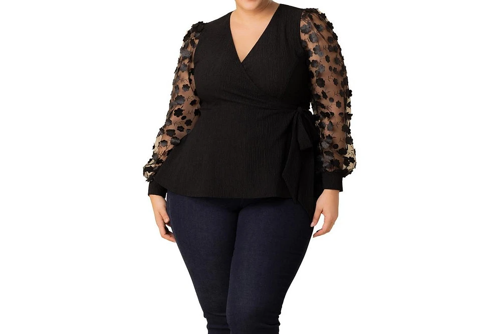 Kiyonna Plus Scattered Petals Long Sleeve Wrap Top