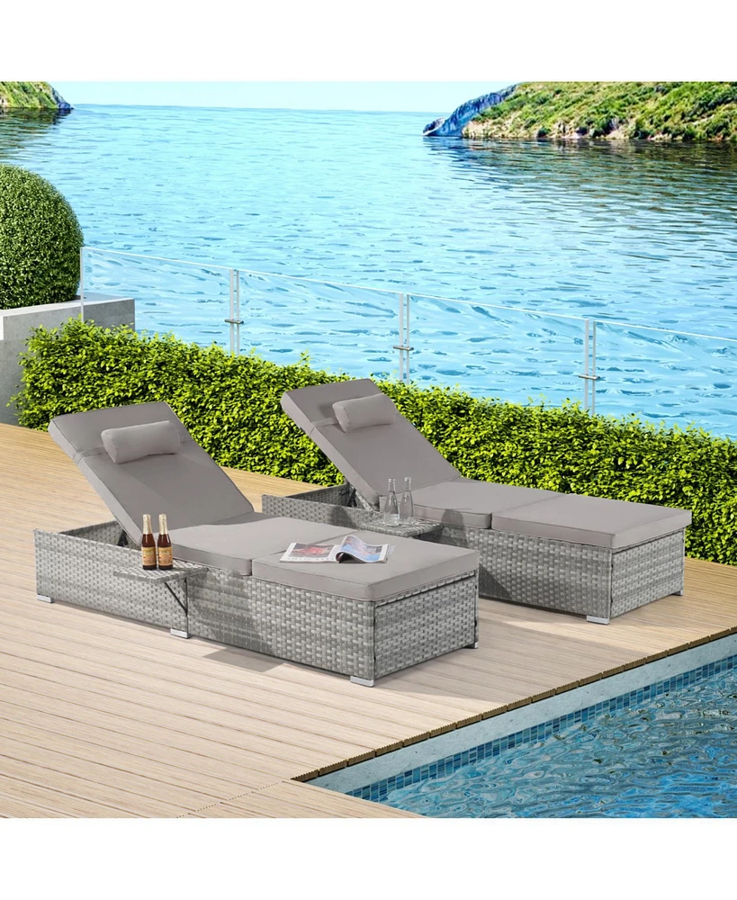 Outdoor Chaise Lounge Set, 2 Rattan Recliners, Table, Cushions, Pool/Beach