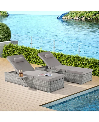 Outdoor Chaise Lounge Set, 2 Rattan Recliners, Table, Cushions, Pool/Beach