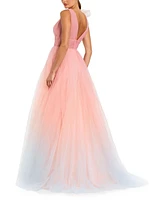 Mac Duggal Women's Ruffle Shoulder V Neck Ombre Tulle Ballgown