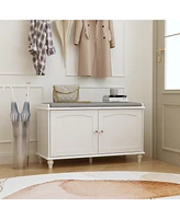 Wooden and white shoe cabinet, 2 seats, versatile and aesthetically pleasing shelves with four cabinets