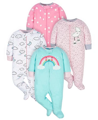 Gerber Baby Girls Sleep N' Play Pajamas, 4-pack