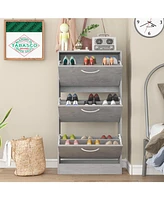 Wooden 3-door grey shoe cabinet, shutter door drawers, multi-purpose shoe rack with adjustable shelves