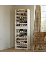 13-tier partition shoe cabinet with adjustable shelves, multifunctional storage, one drawer, spinner wheel design, four wheels, two with brakes, white