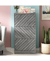 Wooden three-door yellow shoe cabinet, shutter door drawers, multi-purpose rack with adjustable shelves
