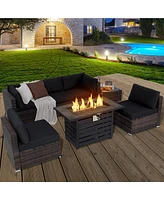 Gymax 7PCS Patio Rattan Furniture Set 42'' Fire Pit Table w/ Cover Cushioned