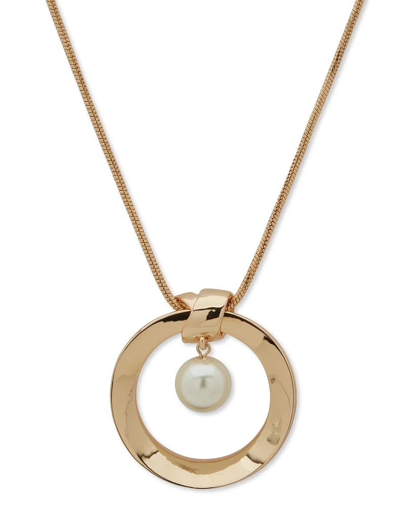 Anne Klein Gold-Tone Imitation Pearl Orbital Circle Long Pendant Necklace, 32" + 3" extender