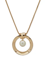 Anne Klein Gold-Tone Imitation Pearl Orbital Circle Long Pendant Necklace, 32" + 3" extender