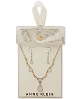 Anne Klein Gold-Tone Mixed Stone Lariat Necklace & Drop Earrings Set