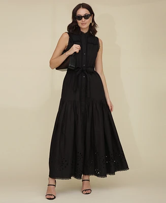 Avec Les Filles Women's Cotton Eyelet Sleeveless Maxi Dress