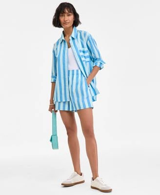 On 34th Womens Cotton Striped Shirt Pull On Shorts Beaded Shoulder Bag Puffy Teardrop Stud Earrings Exclusively At Macys