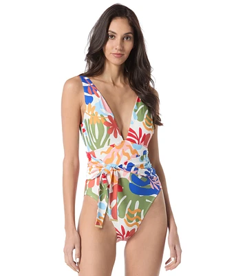 Vince Camuto Women's Printed Belted Plunge One-Piece Swimsuit