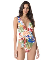 Vince Camuto Women's Printed Belted Plunge One-Piece Swimsuit