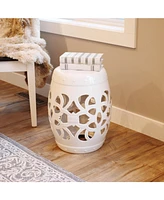 Knotted Quatrefoil Ceramic Garden Stool Side Table - Indoor or Outdoor - 18-Inch H - White Glazed Finish