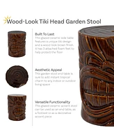 Tropical Tiki Head Ceramic Garden Stool Side Table with Wood-Look Finish - Indoor or Outdoor Use - 17.25-Inch H