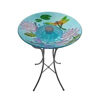 Outdoor Glass Bowl Bird Bath with Metal Stand and Solar Powered Light