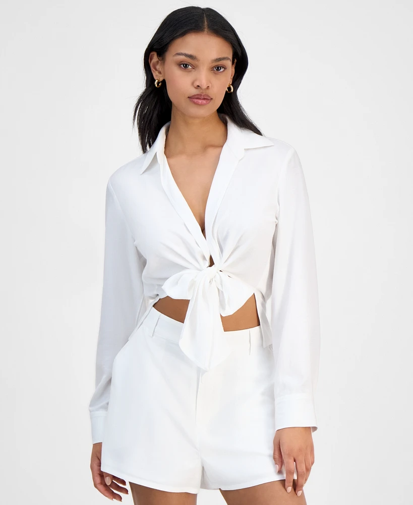 Bar Iii Women's Collared Tie-Hem Blouse, Exclusively at Macy's