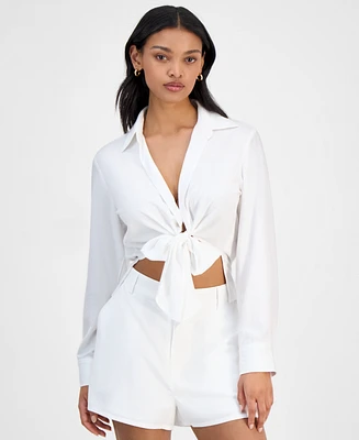 Bar Iii Women's Collared Tie-Hem Blouse, Exclusively at Macy's