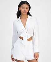 Bar Iii Women's Collared Tie-Hem Blouse, Exclusively at Macy's