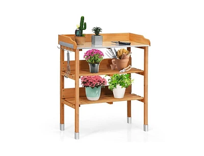 Outdoor Garden Bench Table with Bottom Storage Shelves for Patio and Yard Organization