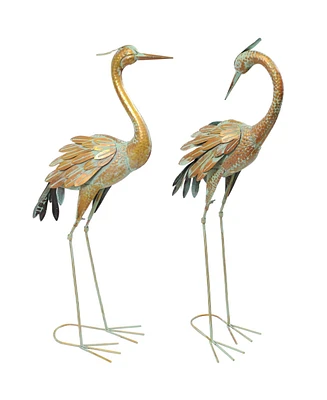 Golden Crane Metal Yard Art, Lawn and Garden Sculpture Decor- Gold with Blue Accent - Includes 2 Statues