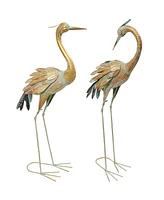 Golden Crane Metal Yard Art, Lawn and Garden Sculpture Decor- Gold with Blue Accent - Includes 2 Statues