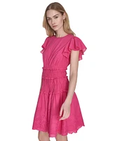 Eliza J Women's Cotton Smocked Embroidered Flutter-Sleeve Dress