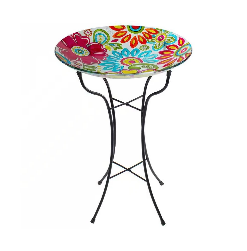 Painted Glass Outdoor Bird Bath with Stand for Garden Decoration