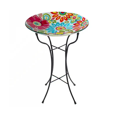 Painted Glass Outdoor Bird Bath with Stand for Garden Decoration