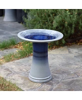 LuxenHome Blue Waves 18-Inch Tall Ceramic Birdbath