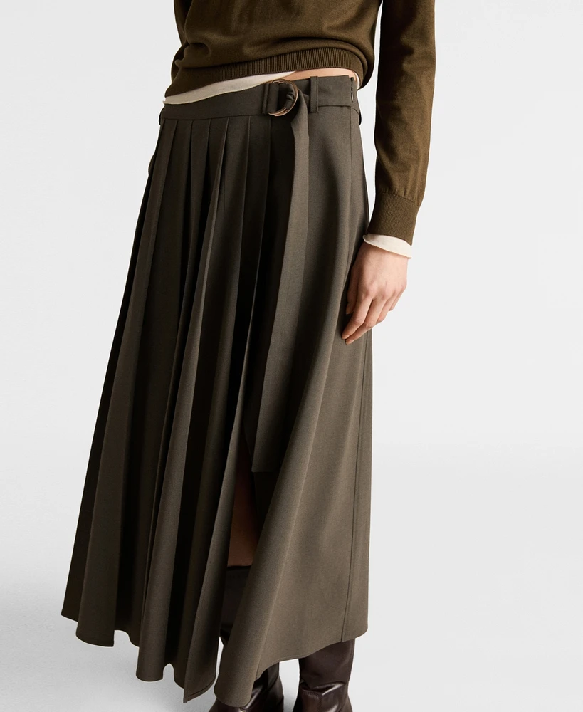 Mango Women's Belt Buckle Pleated Skirt