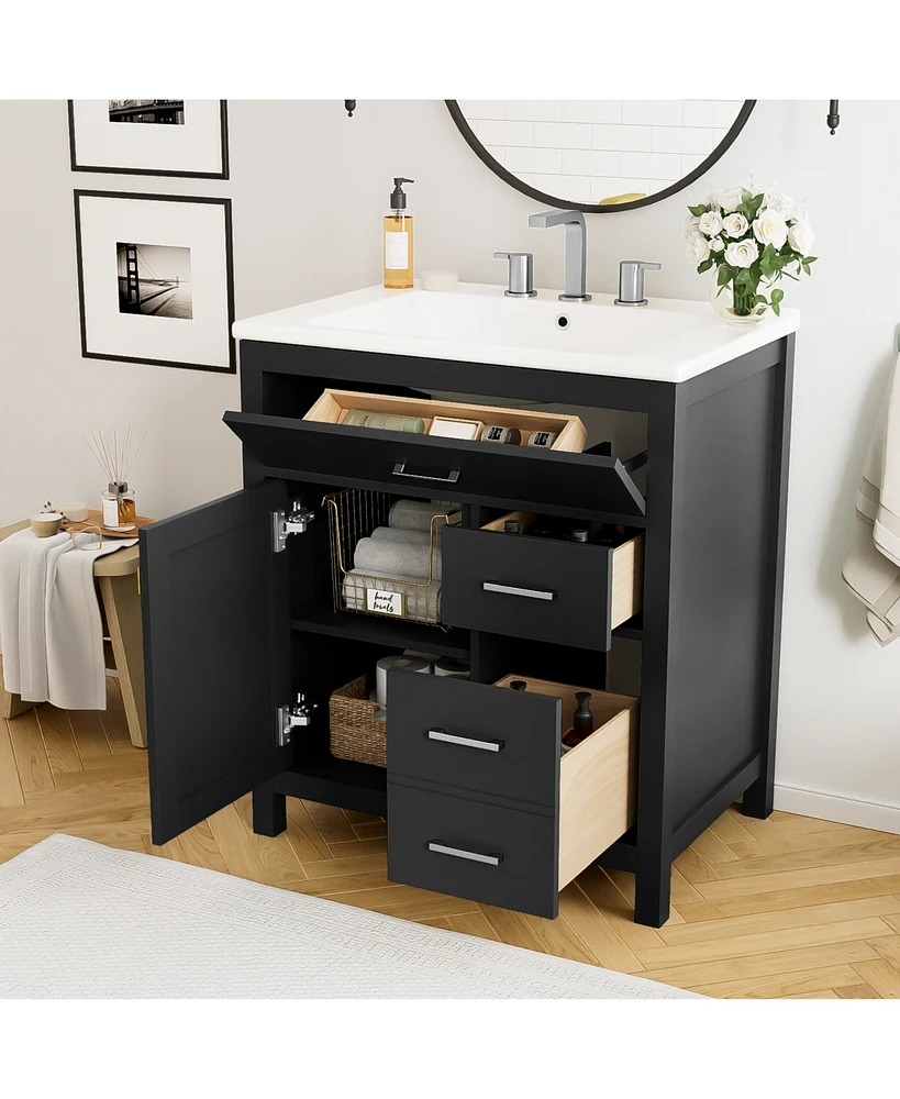 30-Inch Black Bathroom Vanity with Ceramic Sink and Ample Storage - Ideal Choice for Small Bathrooms