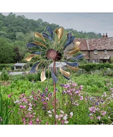 Metallic Pinwheel Metal Garden Wind Spinner - Removable Pole Sections for Adjustable Height - Dual-Motion Blades - 360-Degree Swivel