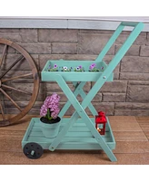 2-Tiered Flower Garden Cart with Built-In Handle - Fir Wood - 20 lb Weight Capacity - 34” H - Robin Egg Blue