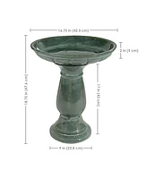 Avignon Outdoor Ceramic Bird Bath - 18.75" H - Uv- and Frost-Resistant - Pedestal Design - Green Mist