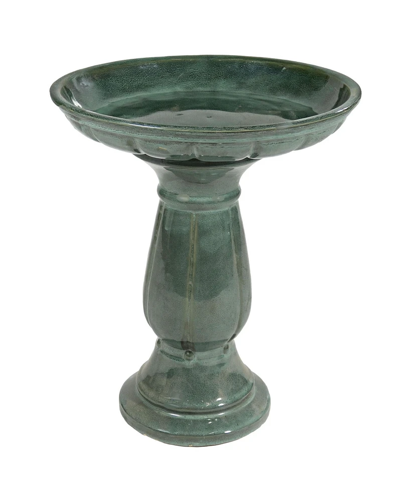 Avignon Outdoor Ceramic Bird Bath - 18.75" H - Uv- and Frost-Resistant - Pedestal Design - Green Mist