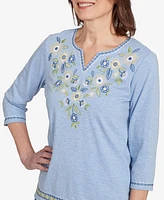 Alfred Dunner Women's Flower Power Embroidered Daisy Split Neckline Top