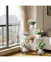 Unho 6 Potted White Metal Plant Stand Wrought Iron Flower Rack Holder with Wheels