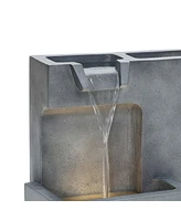 LuxenHome Cascading Gray with Speckled Black Rectangle 20-Inch Tall Resin Garden Fountain with Lights and Planter