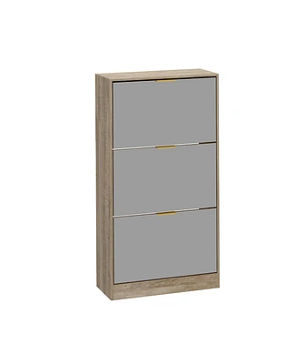 Wooden 3-door natural shoe cabinet,Mirror door panel, multi-purpose shoe rack with metal handles
