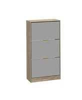 Wooden 3-door natural shoe cabinet,Mirror door panel, multi-purpose shoe rack with metal handles
