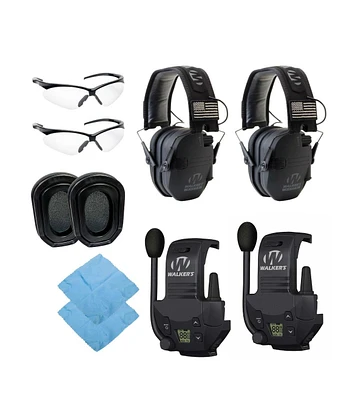 Walker's Razor Slim Electronic Muff (Black Patriot Version) Bundle with Walkie-Talkie Attachments Gel Filled Earpad Shooting Glasses and Microfiber Cl