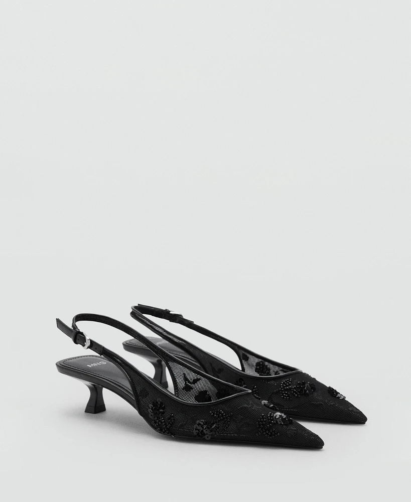 Mango Women's Sequins Embroidered Kitten-Heel Shoes