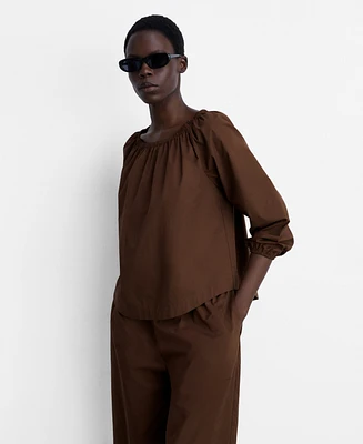 Mango Women's Gathered Neck Cotton Blouse Top