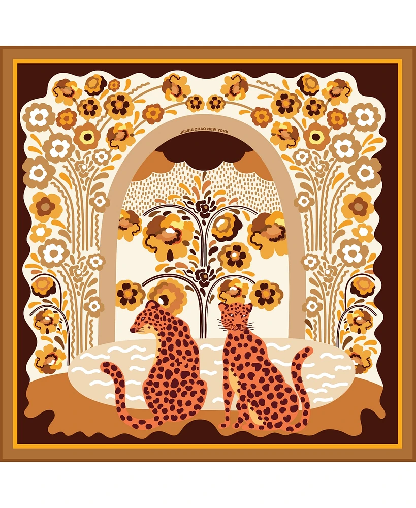 Jessie Zhao New York Double Sided Wool Silk Scarf Of Leopards With Floral Fountain