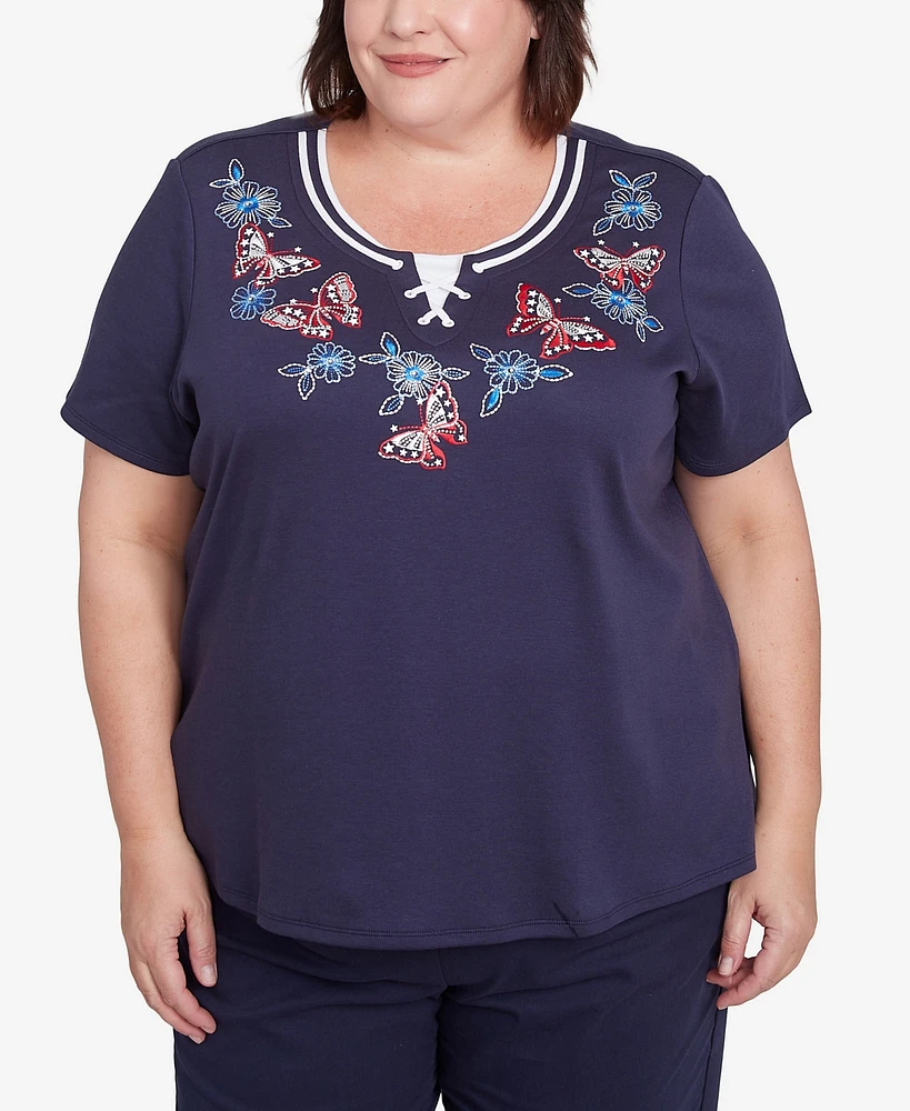 Alfred Dunner Plus Land of The Free Butterfly Crisscross Crew Neck Top