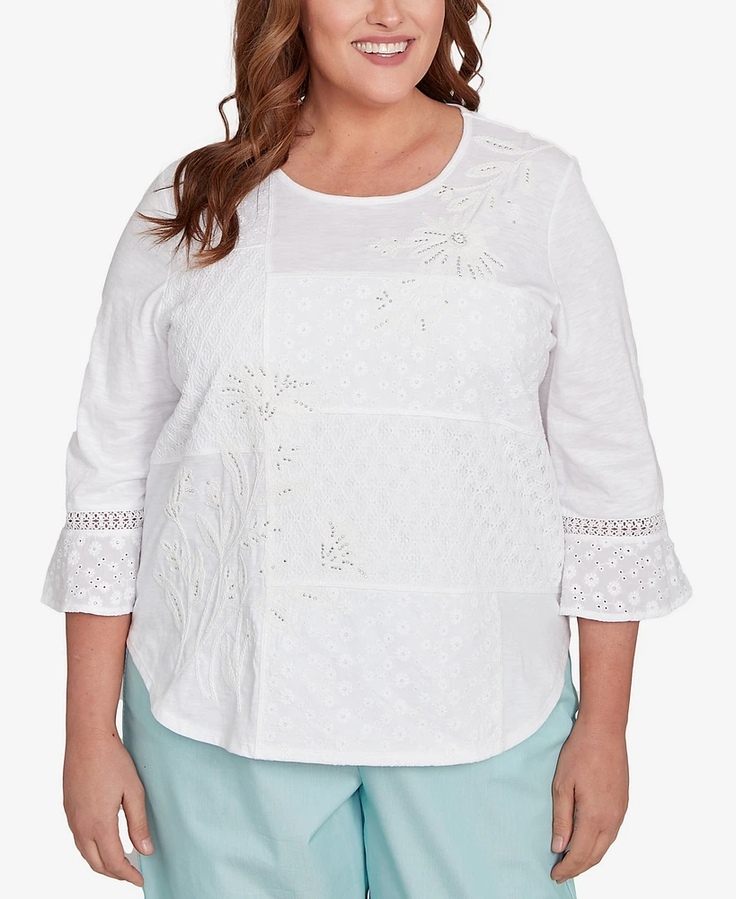 Alfred Dunner Plus St. Thomas Lace Patchwork Embellished Sleeve Top