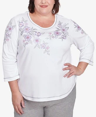Alfred Dunner Plus Crystal Springs Embroidered Flower Crew Neck Top